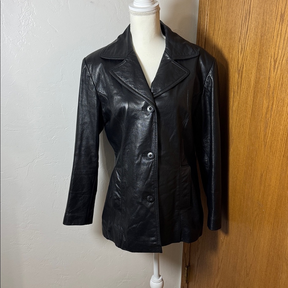Maxima by Wilsons button down black leather jacket M
